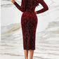 Sequined V Neck Long Sleeves High Split Dress