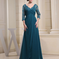 Teal Applique Beaded Long Sleeves Bridesmaid Dress