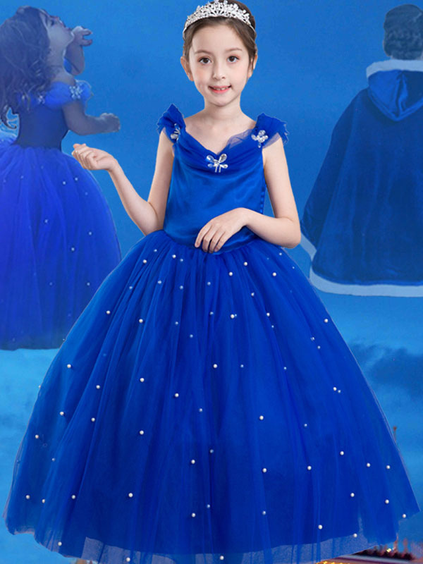 Blue Beaded Jewel Neck Sleeveless Kid's Party Dress