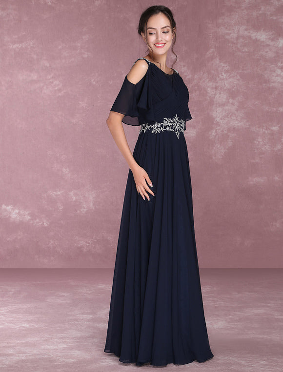 Navy Chiffon Beading Cold Shoulder Pleated Bridesmaid Dress