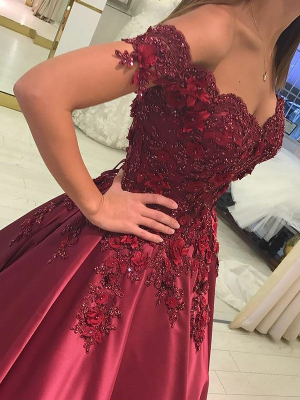 Satin Off-the-Shoulder Applique Ball Gown Sleeveless Prom Dress