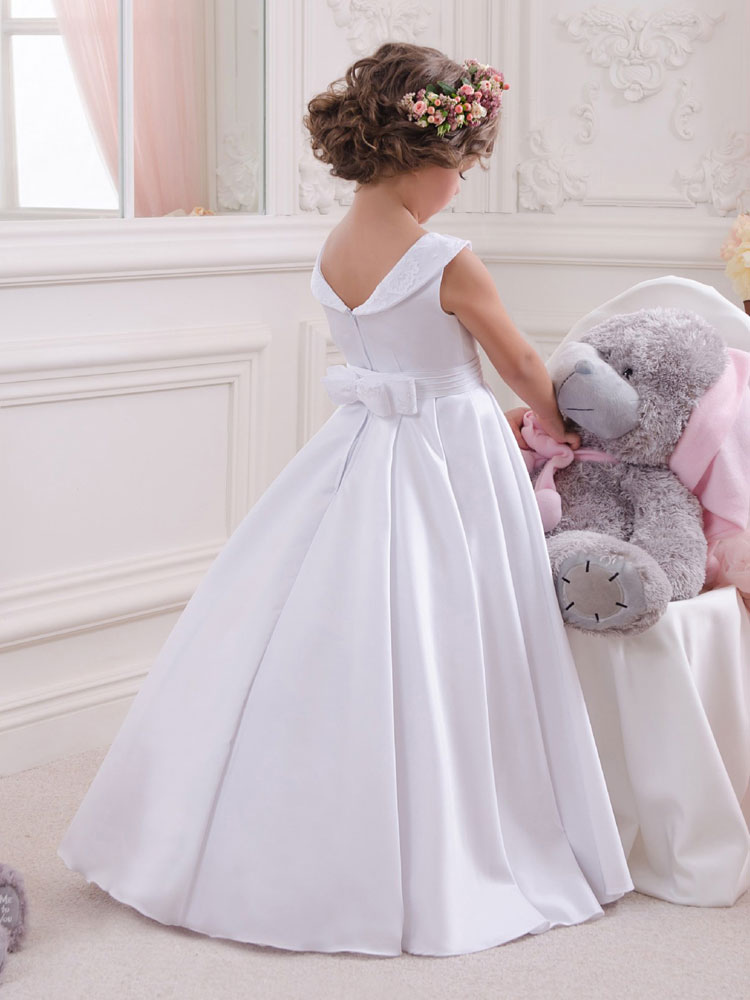 White Satin A-Line Bateau Neck Sleeveless Kids Party Dress