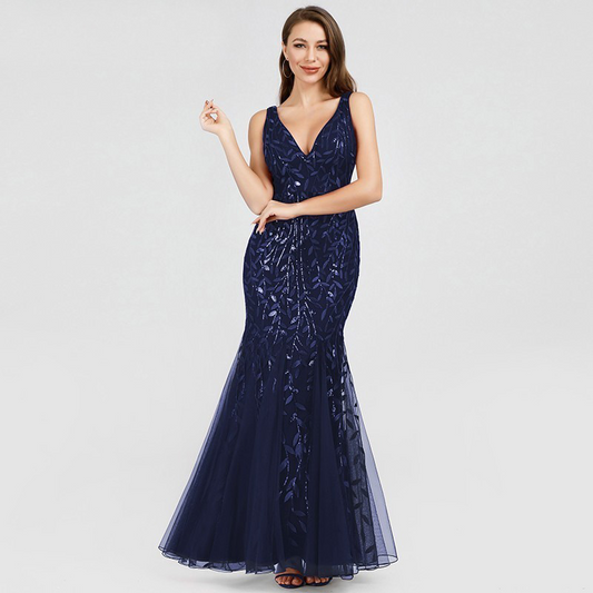 Sequin Deep V Neck Sleeveless Mermaid Evening Dress