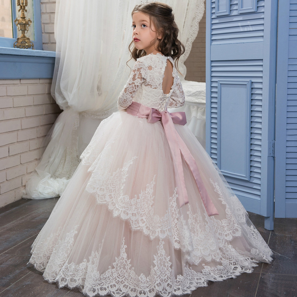 Cornsilk Lace Embroidered Long Sleeves Kids Wedding Dress