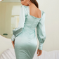 Light Cyan Square Neck Long Puff Sleeves Prom Dress