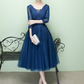 Navy Lace Applique V Neck Long Sleeves Prom Dress