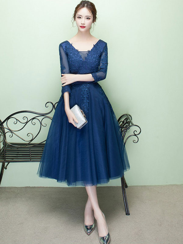 Navy Lace Applique V Neck Long Sleeves Prom Dress