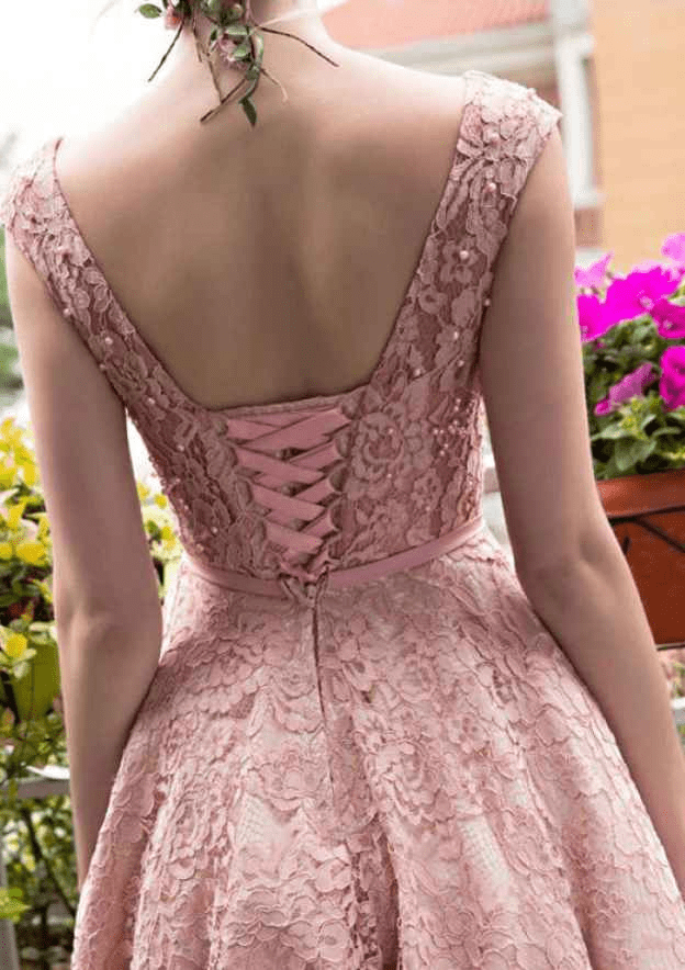 A-Line Pink Lace Beaded Sleeveless Short Prom Dress