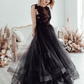 Black A-Line Lace Applique Backless Sleeveless Wedding Dress