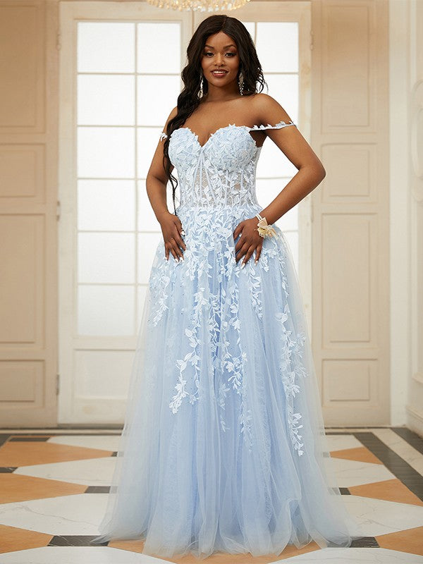 Appliqued Light Blue Off-Shoulder Long Evening Dress