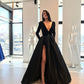 Satin Deep V-Neck Long Sleeves Floor Length Prom Party Dress