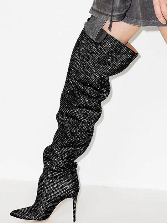 Rhinestone-Embellished Over-The-Knee Boots