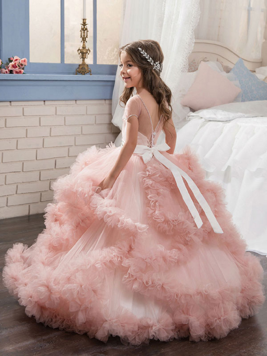 Jewel Neck Short Sleeves Long Kids Wedding Dress