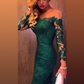 Green Lace Off-Shoulder Long Sleeves Prom Dress