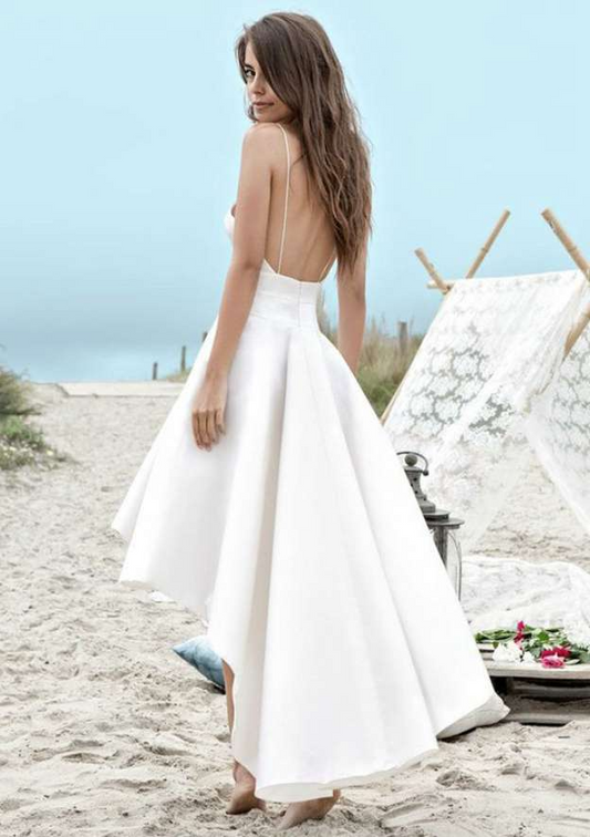 White Spaghetti Strap Sleeveless Backless Tail Wedding Dress