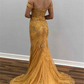 Gold Appliqued Off-Shoulder Brush Train Prom Dress