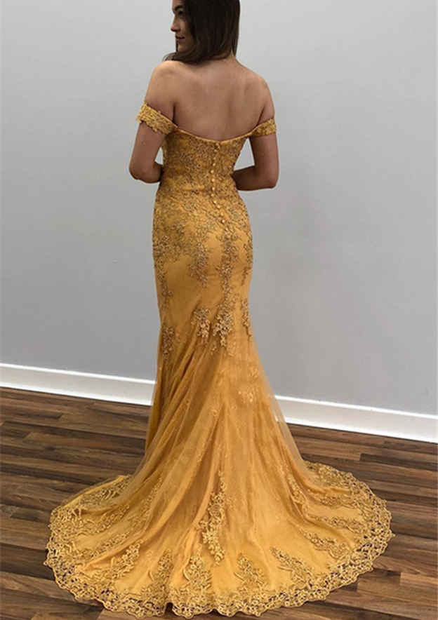 Gold Appliqued Off-Shoulder Brush Train Prom Dress