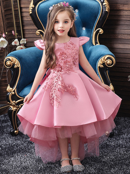 Pink Applique Beaded Short Sleeves Tail Kids Party Dress