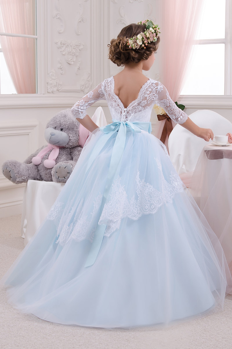 Mesh Lace Embroidered Long Sleeves Kids Wedding Dress