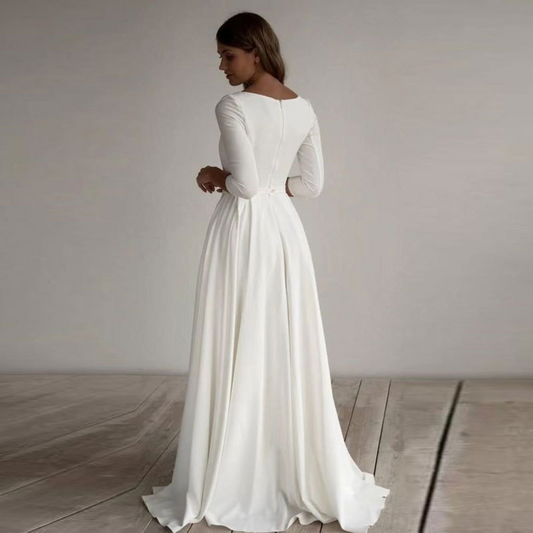 Simple White Full Sleeves Wedding Dress