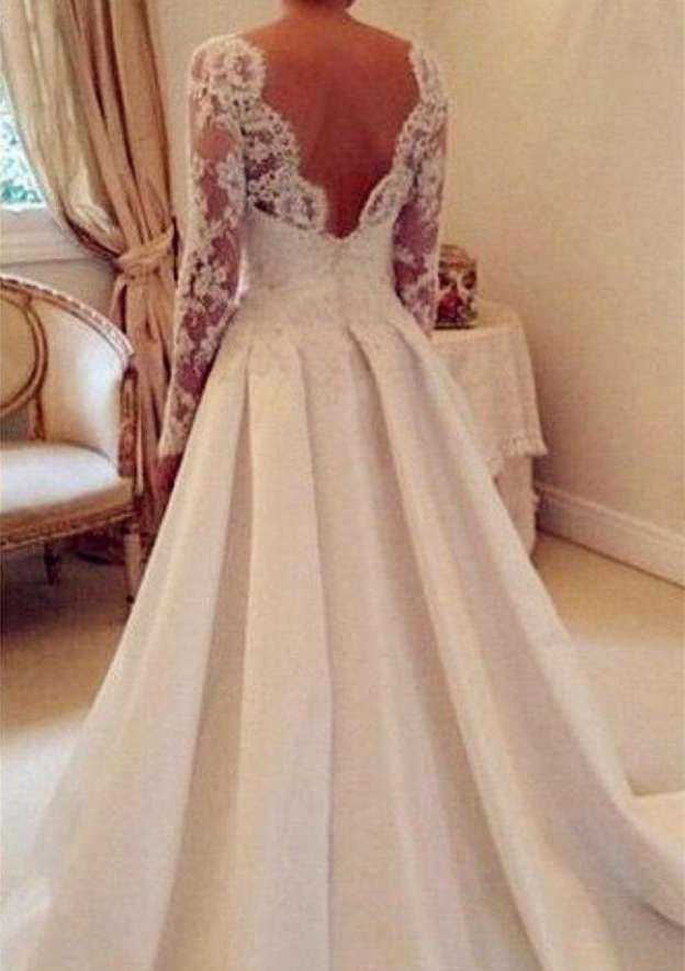 Ivory Lace Long Sleeves Backless Long Wedding Dress