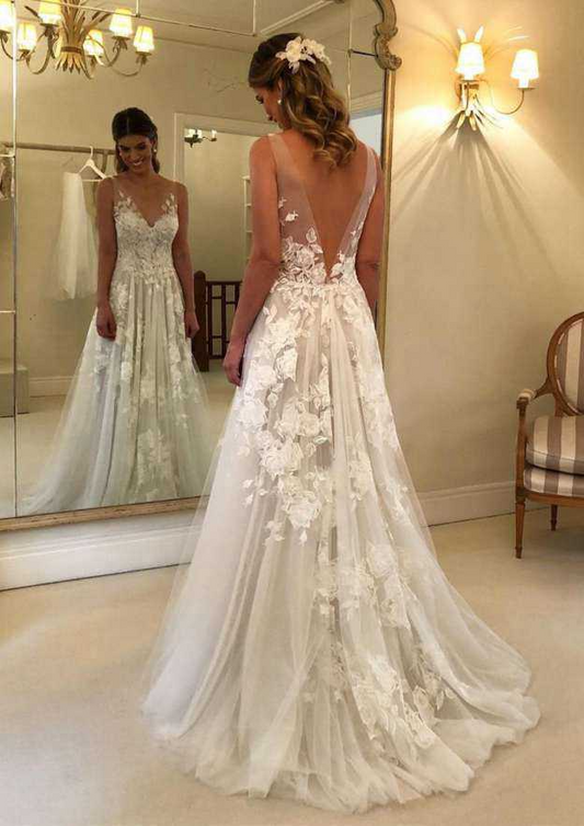 Ivory Appliqued Deep V Neck Sleeveless Wedding Dress