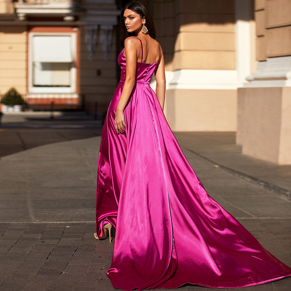 Deep Pink Spaghetti Strap  Sleeveless Long Evening Slit Dress