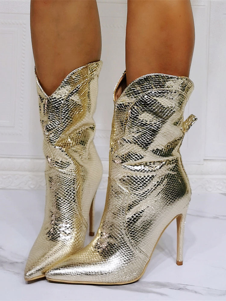 Gold Python Pleated Stiletto Heel Ankle Boots