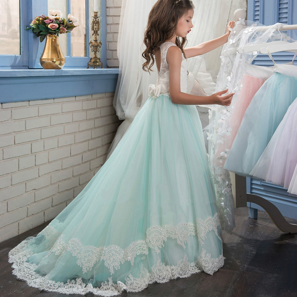 Light Cyan Mesh Sleeveless Kids Fairy Wedding Dress