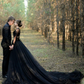 Black Lace Deep V Neck Backless Long Sleeves Slit Wedding Dress