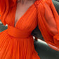 Orange Red Deep V Neck Full Sleeves Long Evening Dress