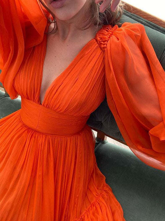 Orange Red Deep V Neck Full Sleeves Long Evening Dress