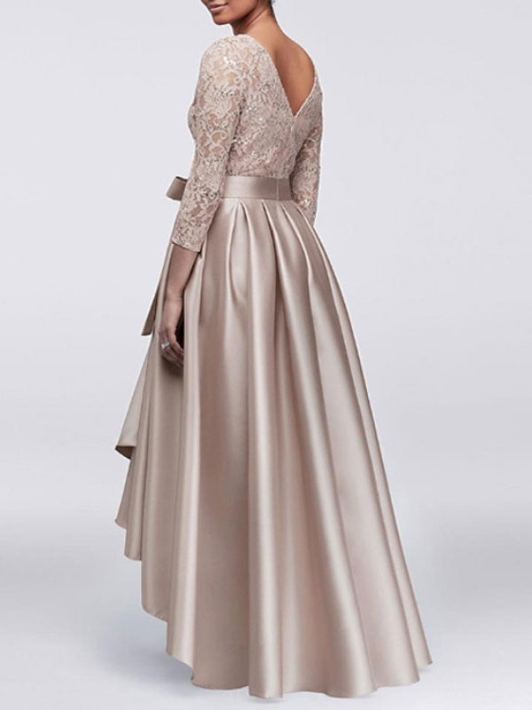 Satin Wheat Lace Sleeves Knotted Front Bridesmaid Dress