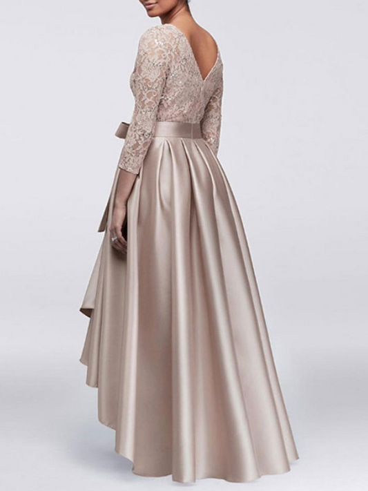 Satin Wheat Lace Sleeves Knotted Front Bridesmaid Dress