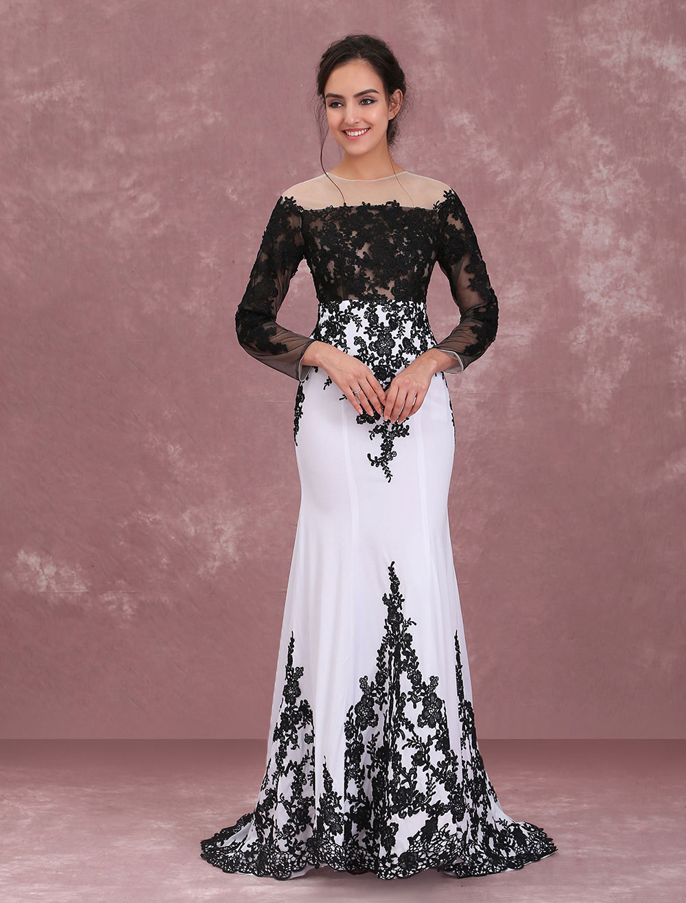 White Lace Black Embroidered Mermaid Prom Dress