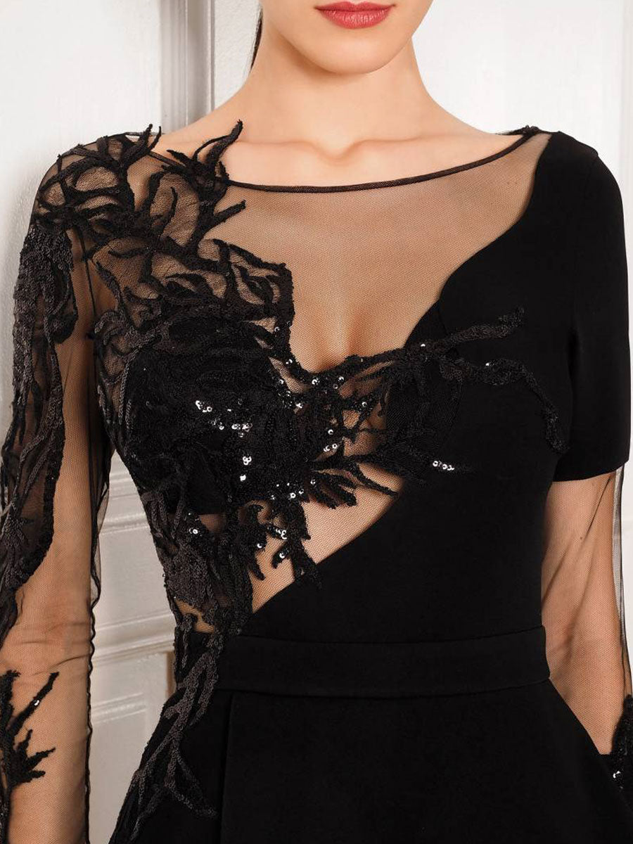 Black Chiffon Bateau Neck Long Sleeve Lace Bodycon Formal Dress