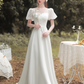 White Satin Short Puff Sleeves Long Wedding Dress