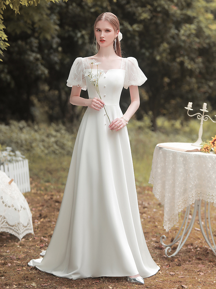 White Satin Short Puff Sleeves Long Wedding Dress