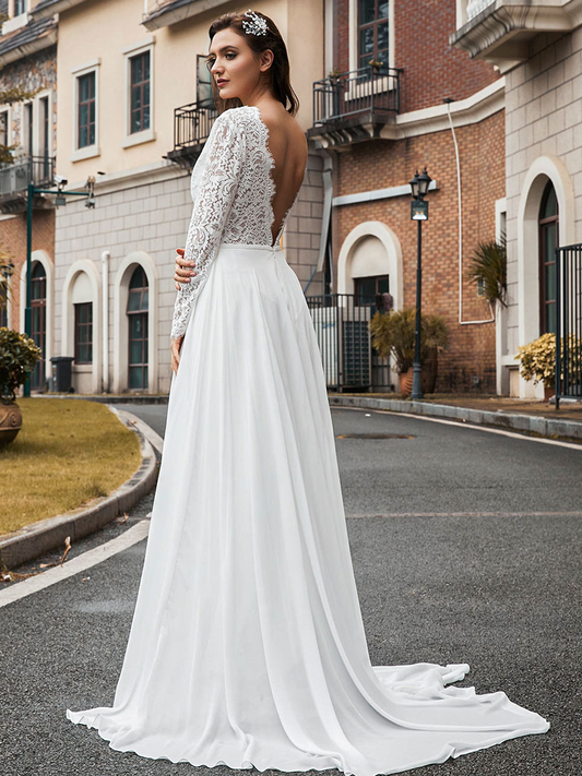 White Lace Deep V Neck Backless Full Sleeves Wedding Dress