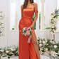 Satin Off-Shoulder Sleeveless Maxi Bridesmaid Slit Dress