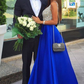 Satin Blue Deep V Neck Long Evening Dress