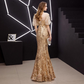 Golden Short Puff Sleeves Evening Dress