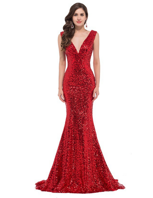 Sequin Deep V Neck Sleeveless Mermaid Evening Dress