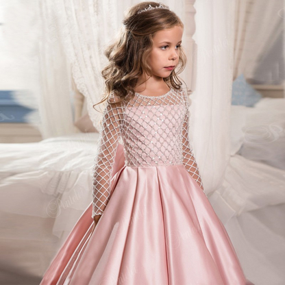 Satin Beaded Long Sleeves Kids Wedding Dress