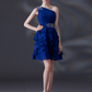 Navy Beaded Oblique Shoulder Sleeveless Ruffle Prom Dress