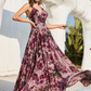 Floral Printed V Neck Long Evening Dress