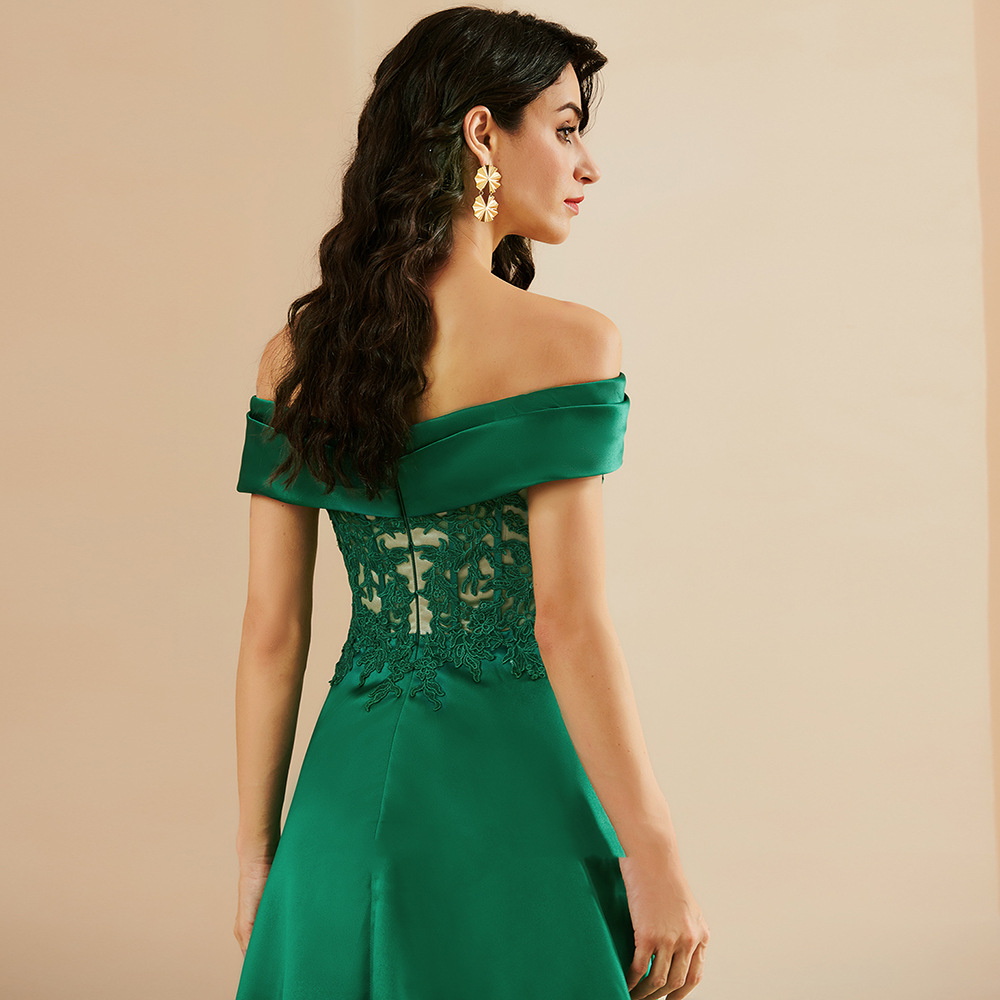 Green Embroidered Off-Shoulder Evening Slit Dress