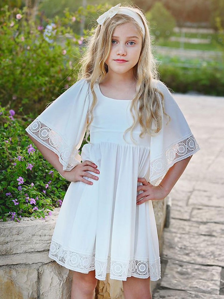 White A-Line Square Neck Half Sleeves Kids Party Dress