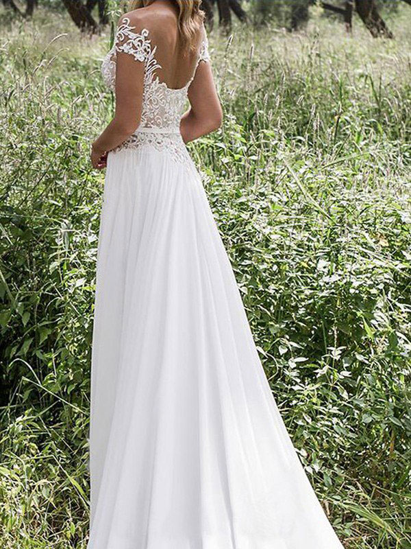 Ivory Lace Appliqued Deep V Neck Short Sleeves Wedding Dress