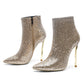 Gold Sequined Pointed Toe Stiletto High Heel Ankle Boots